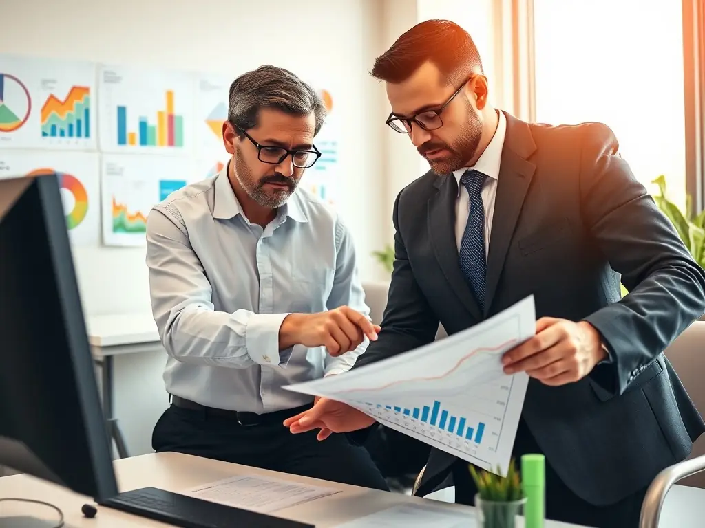 A consultant reviewing investment charts with a client in a modern office setting, symbolizing investment consulting services.